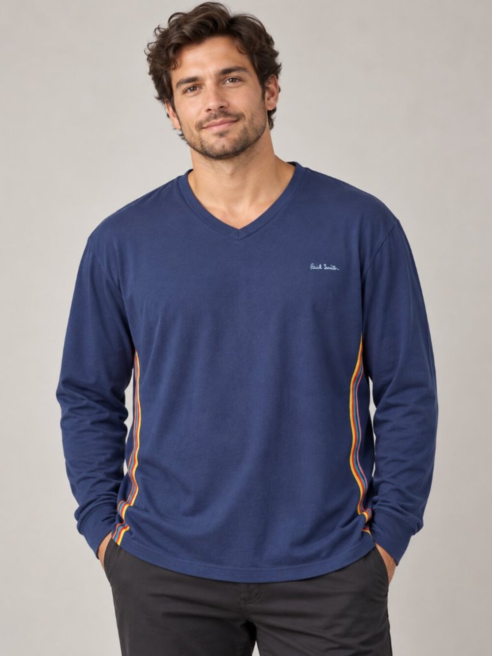 Paul Smith x STARLUX T-Shirt Long Sleeve V-Neck 2XL Navy Artist Stripe